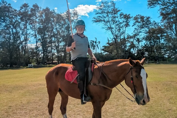 Person on a horse holds a pole on a sunny field with trees in the background.