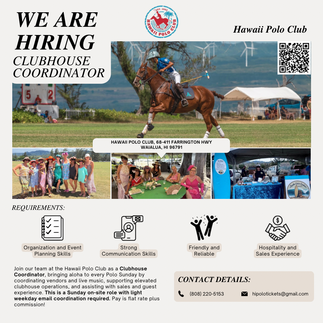 Hawaii Polo Club hiring poster for Clubhouse Coordinator with images of polo match and social gatherings.