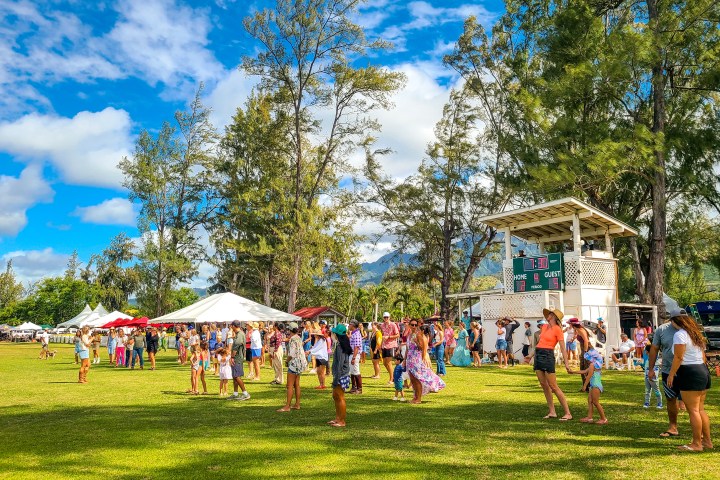 Outdoor market with people, trees, and tents on a sunny day.