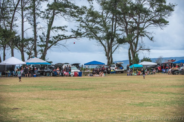 People gathered under tents on a grassy field with trees in the background.